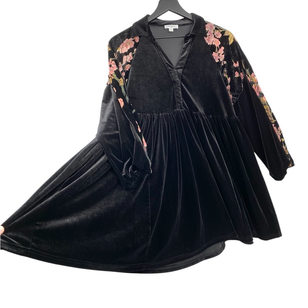Umgee Dress Womens Small Oversized Burnout Crushed Velvet Floral Black Boho Mini